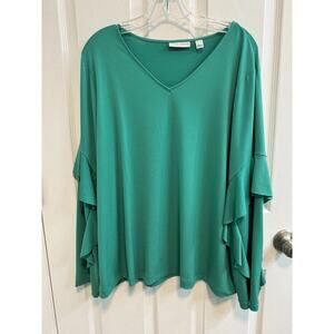 Susan Graver XL Teal Green V-neck Top Ruffled Long Sleeves Stretch New​
